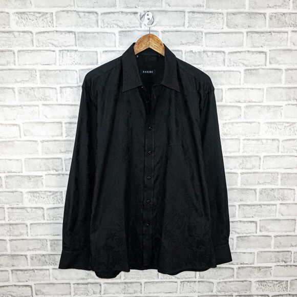 ZAGIRI Men's Black Floral jacquard Button down Shirt Long Sleeve Size XL - Picture 1 of 5